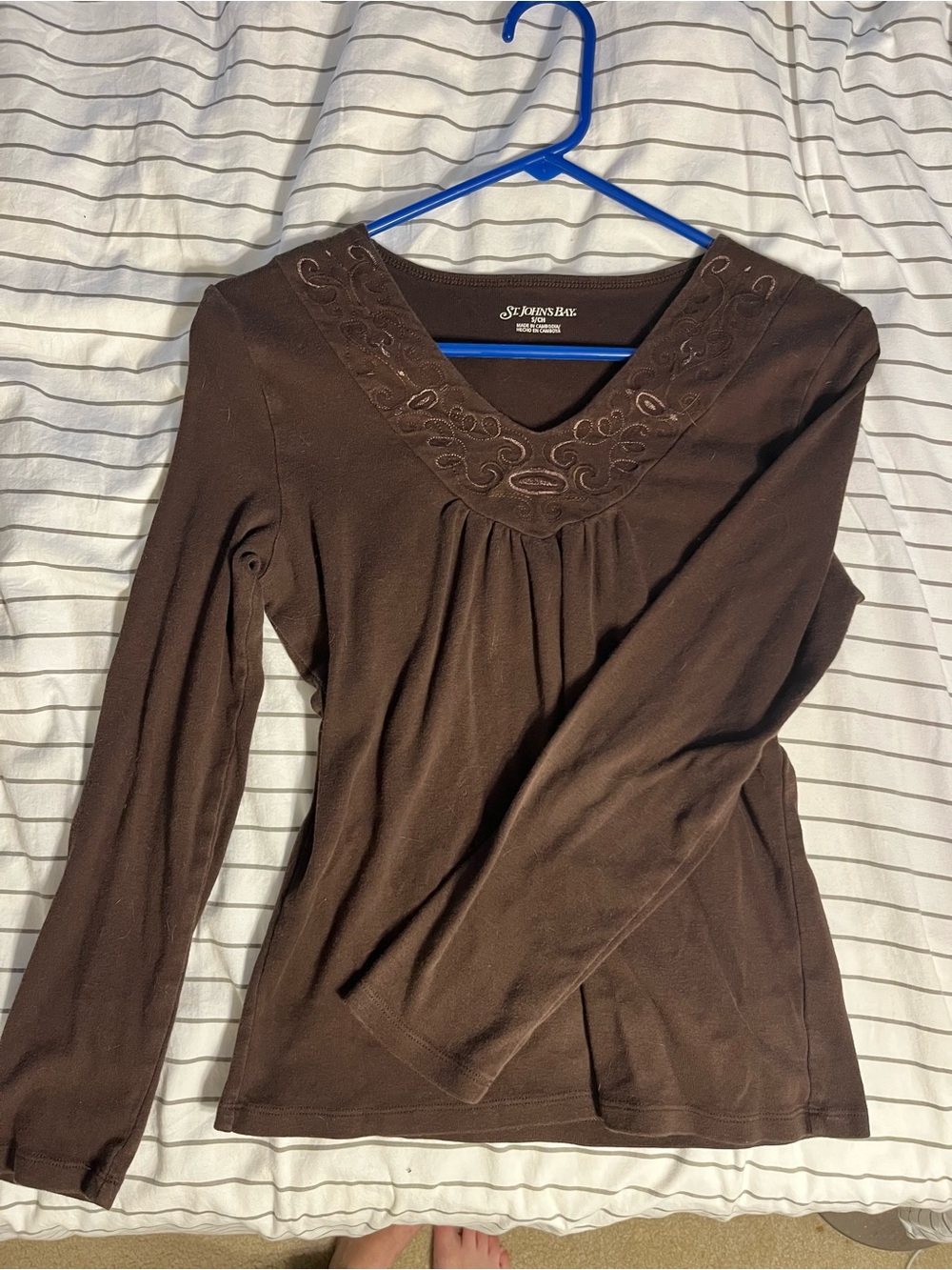 St. John's Bay Brown Long-Sleeve Scoop Neck Top with Embroidered Yoke
